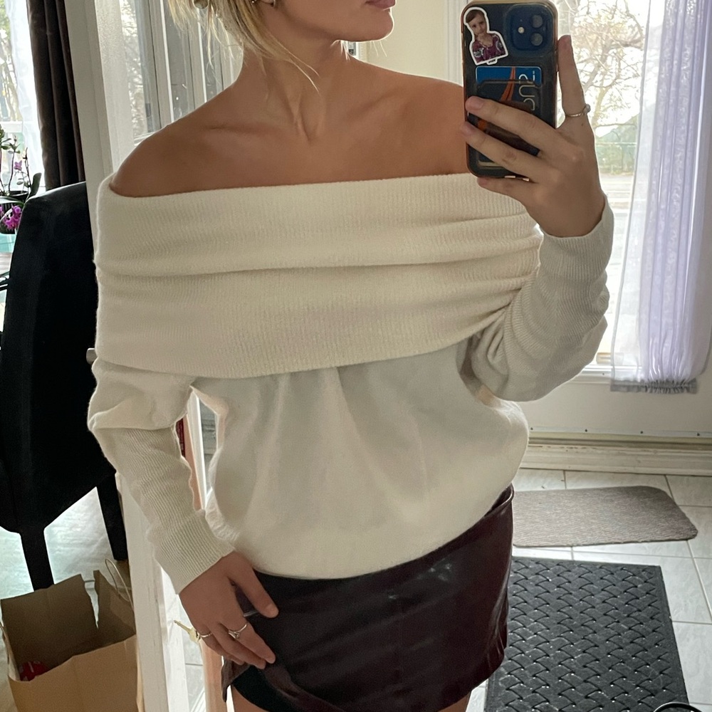 off shoulder cream sweater